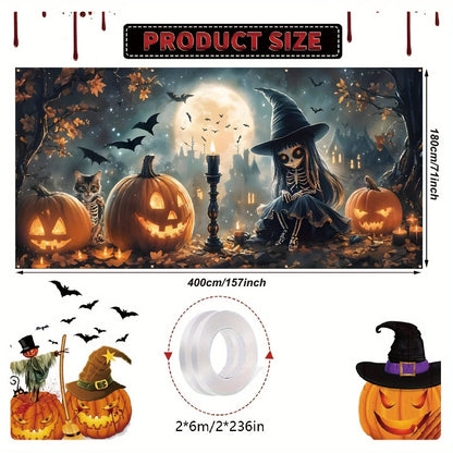 Halloween garage banner with skulls, cute cats and pumpkins - bright polyester material, outdoor holiday exterior decoration