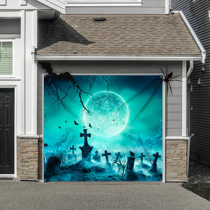 1 terrifying Halloween polyester garage door banner - Large outdoor cemetery scene, ghost-themed party background