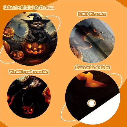 One 2D banner, a terrifying Halloween garage door decoration, a creepy ghost face pumpkin lantern with a black cat pattern