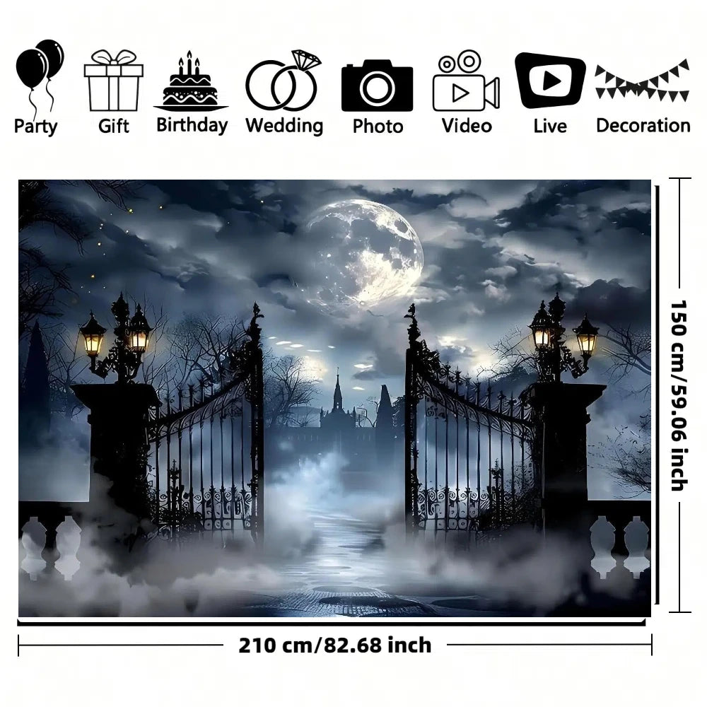 1pc Halloween Full Moon Night Garage door background, polyester material, foggy cemetery gate theme, garage door, villa.
