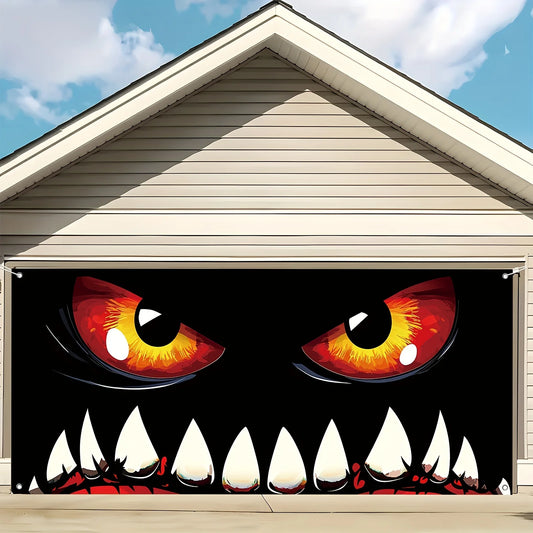 Halloween monster face garage door banner, terrifying decoration, polyester, multi-functional, autumn celebration event