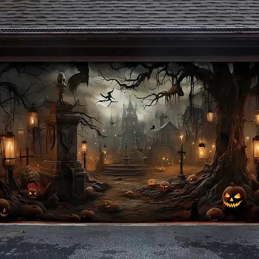 1 Halloween garage door banner, featuring horror town and pumpkin head design, with multiple sizes to choose from