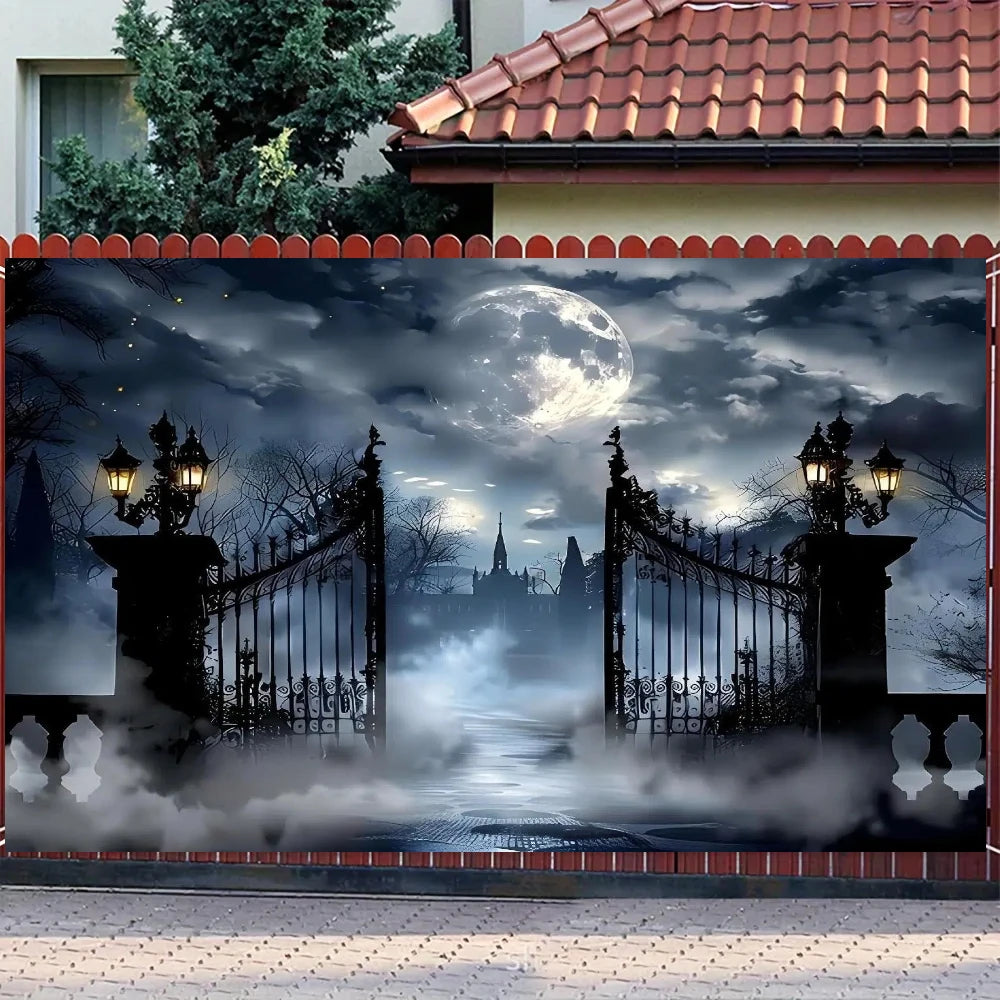 1pc Halloween Full Moon Night Garage door background, polyester material, foggy cemetery gate theme, garage door, villa.