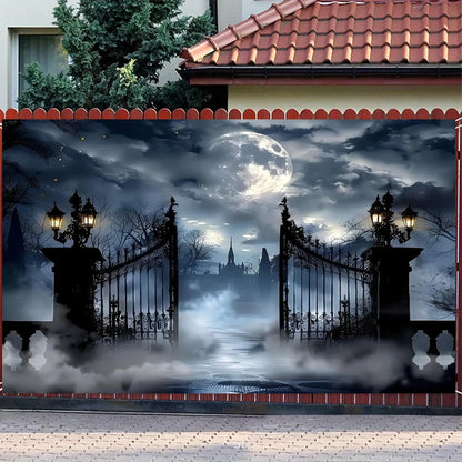 1pc Halloween Full Moon Night Garage door background, polyester material, foggy cemetery gate theme, garage door, villa.