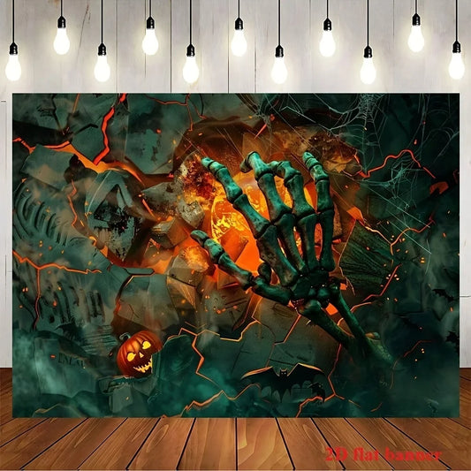 1 Halloween Background Cloth - Horror Flame Theme with Skull, Pumpkin Bat, and Spider Web Home Decor, Halloween Background Cloth