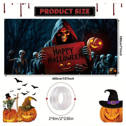 Halloween garage door banner Large outdoor decoration, with themes of Death and skull crew, polyester studio props