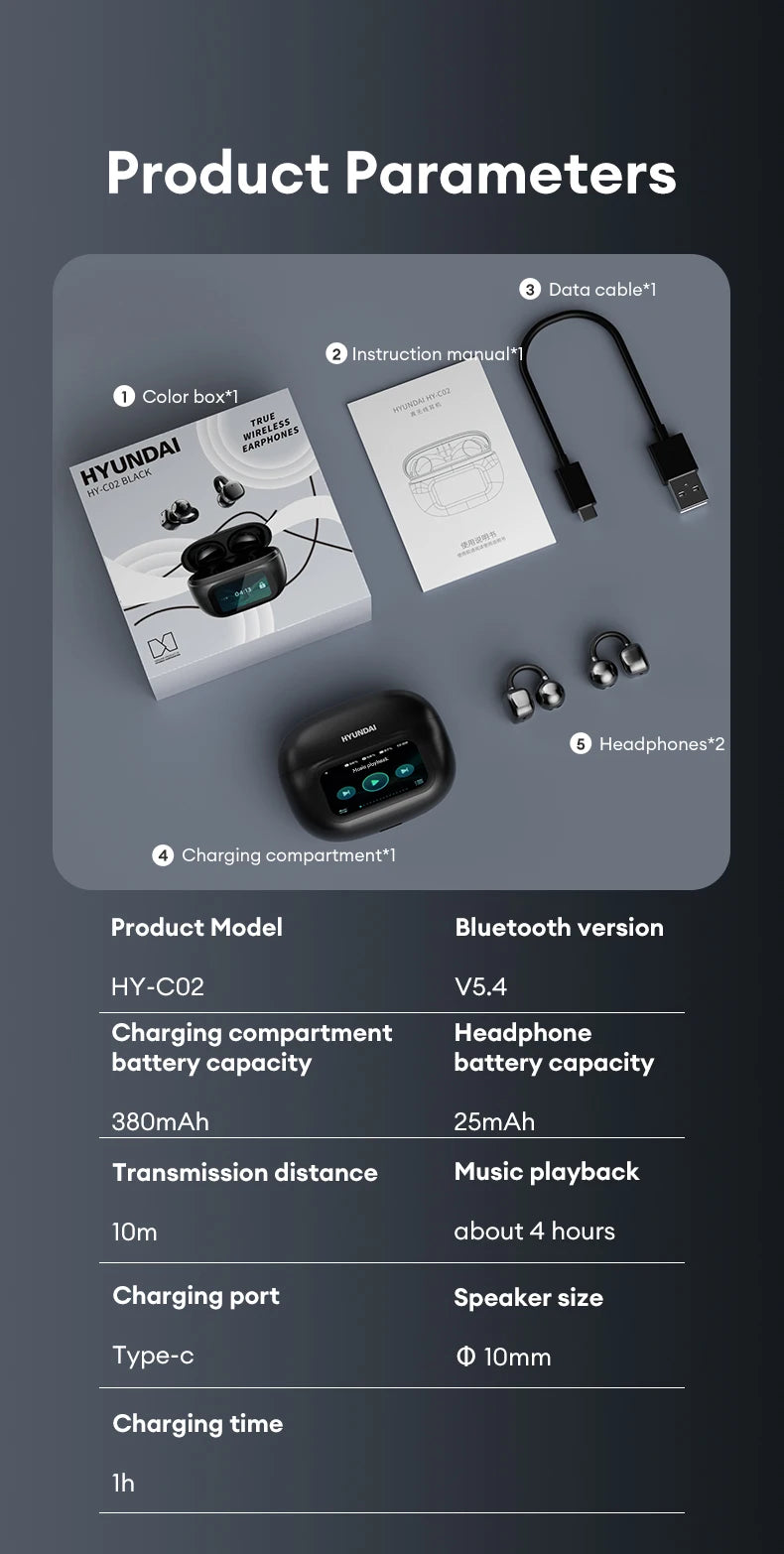 Choice HYUNDAI HY-C02 Nice earrings Earphones Wireless Bluetooth Headphones LED Power Display Mic Stereo Sound Earphones