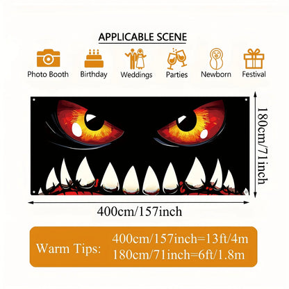 Halloween monster face garage door banner, terrifying decoration, polyester, multi-functional, autumn celebration event