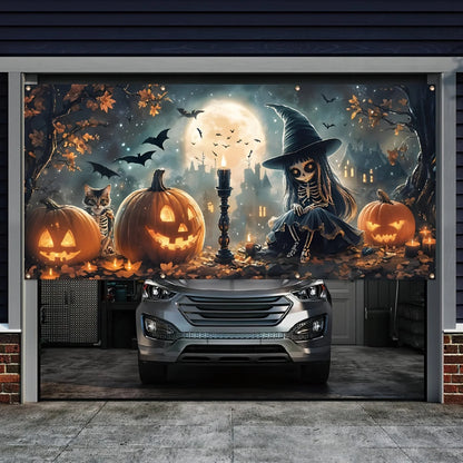 Halloween garage banner with skulls, cute cats and pumpkins - bright polyester material, outdoor holiday exterior decoration