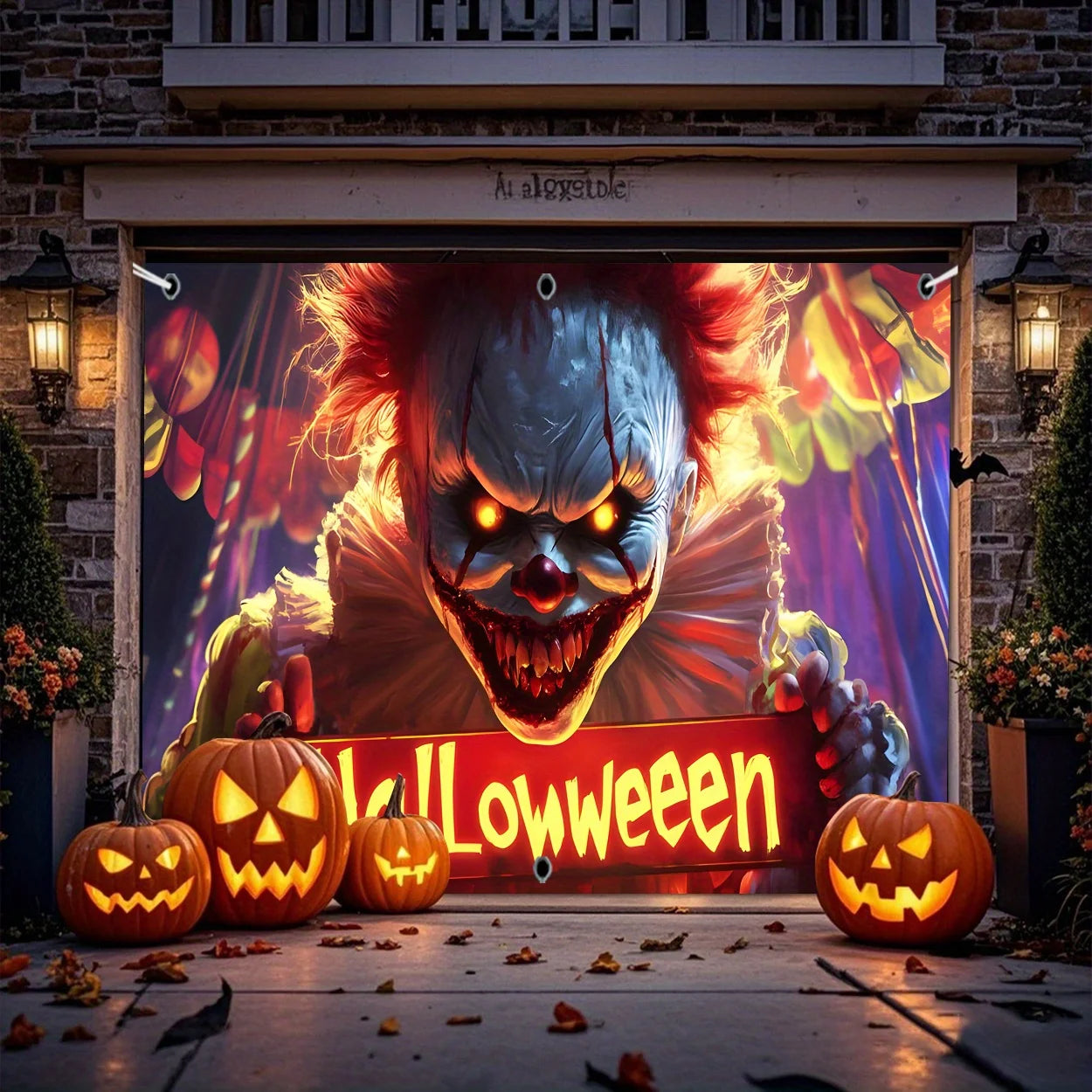 2D, 1pc printed garage curtain door curtain, terrifying clown, bloodthirsty mouth, sharp teeth, bloodstain decoration