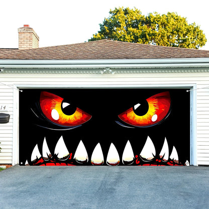 Halloween monster face garage door banner, terrifying decoration, polyester, multi-functional, autumn celebration event