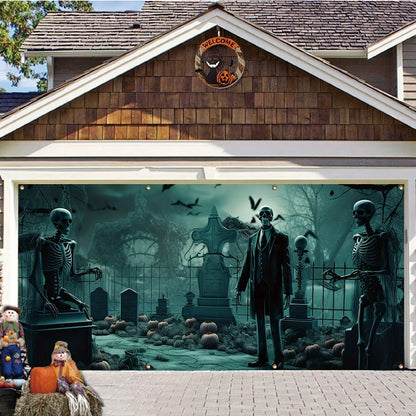 Halloween Skeleton Suit Garage Banner - Super Large outdoor party decoration, Ghost Cemetery theme