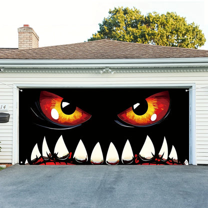 Halloween monster face garage door banner, terrifying decoration, polyester, multi-functional, autumn celebration event