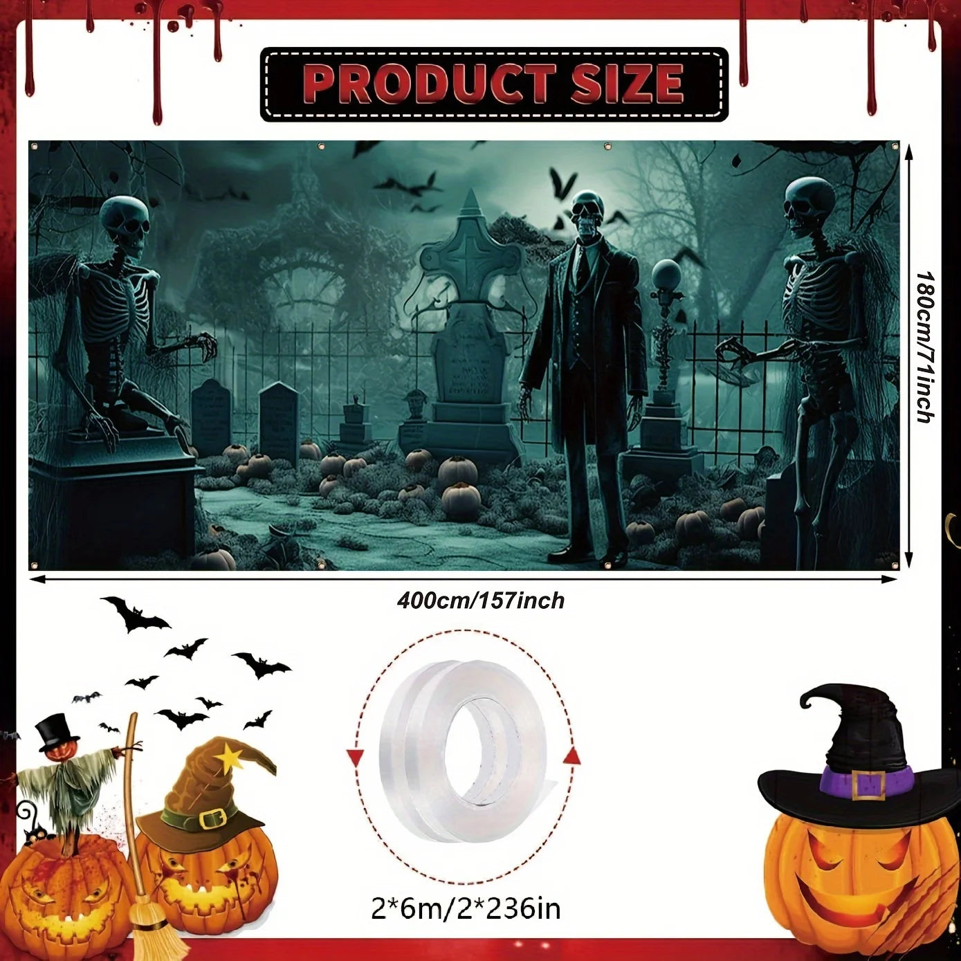Halloween Skeleton Suit Garage Banner - Super Large outdoor party decoration, Ghost Cemetery theme