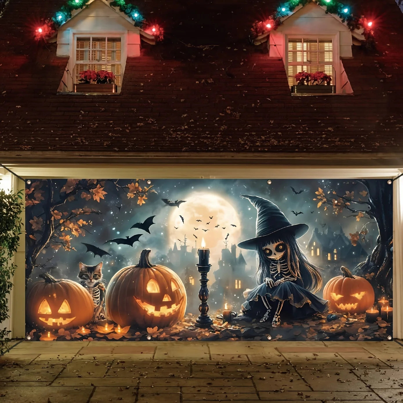 Halloween garage banner with skulls, cute cats and pumpkins - bright polyester material, outdoor holiday exterior decoration