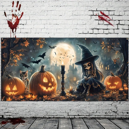 Halloween garage banner with skulls, cute cats and pumpkins - bright polyester material, outdoor holiday exterior decoration