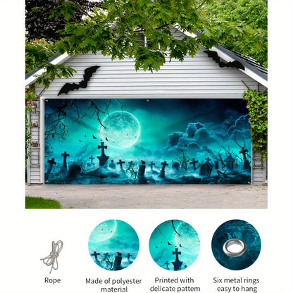 1 terrifying Halloween polyester garage door banner - Large outdoor cemetery scene, ghost-themed party background