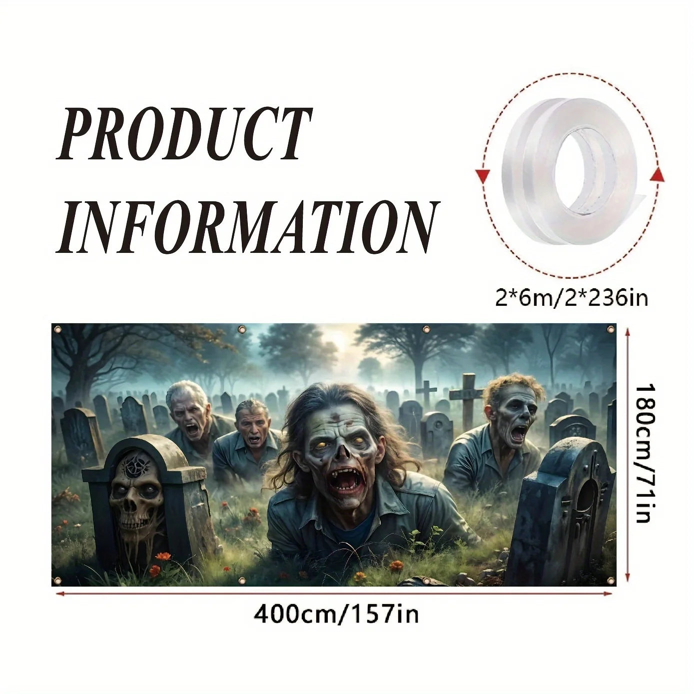 2D banner 1 piece, Halloween zombie graveyard garage door banner, anti-fade holiday house exterior decoration, party supplies