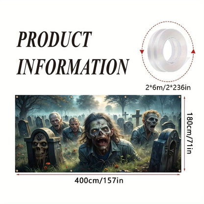 2D banner 1 piece, Halloween zombie graveyard garage door banner, anti-fade holiday house exterior decoration, party supplies