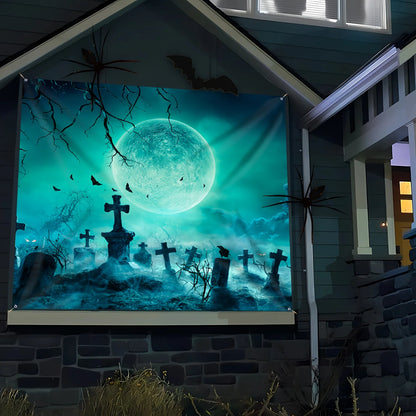 1 terrifying Halloween polyester garage door banner - Large outdoor cemetery scene, ghost-themed party background