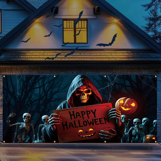 Halloween garage door banner Large outdoor decoration, with themes of Death and skull crew, polyester studio props
