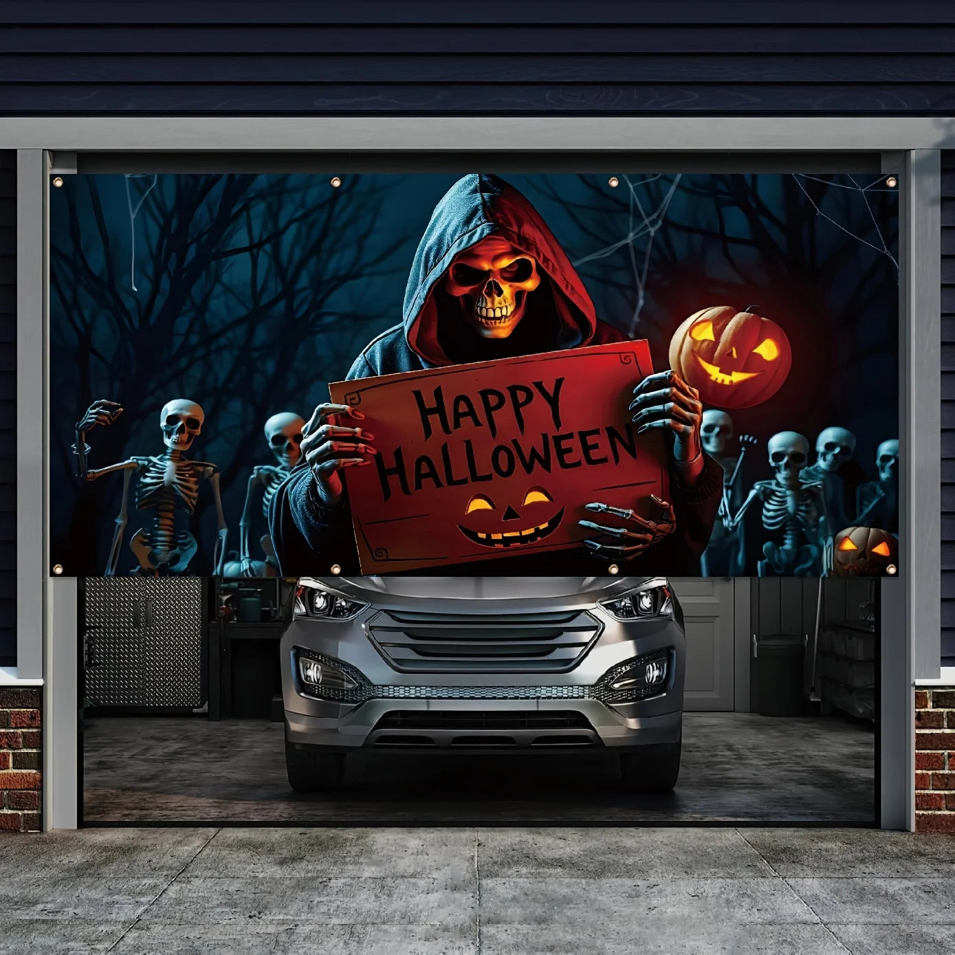 Halloween garage door banner Large outdoor decoration, with themes of Death and skull crew, polyester studio props