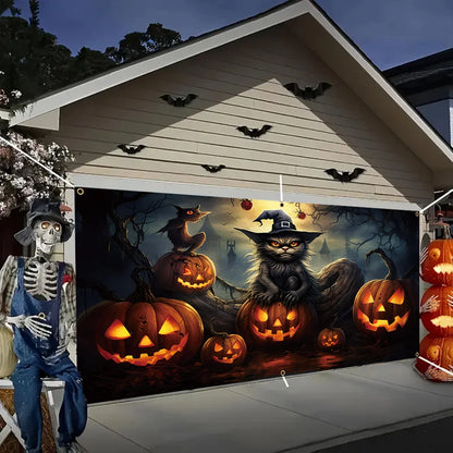 One 2D banner, a terrifying Halloween garage door decoration, a creepy ghost face pumpkin lantern with a black cat pattern
