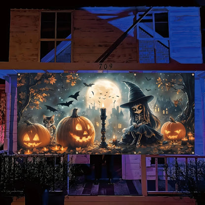 Halloween garage banner with skulls, cute cats and pumpkins - bright polyester material, outdoor holiday exterior decoration