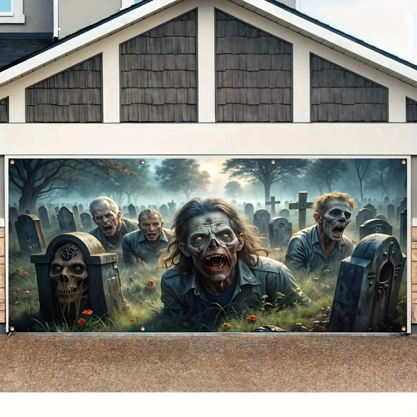 2D banner 1 piece, Halloween zombie graveyard garage door banner, anti-fade holiday house exterior decoration, party supplies