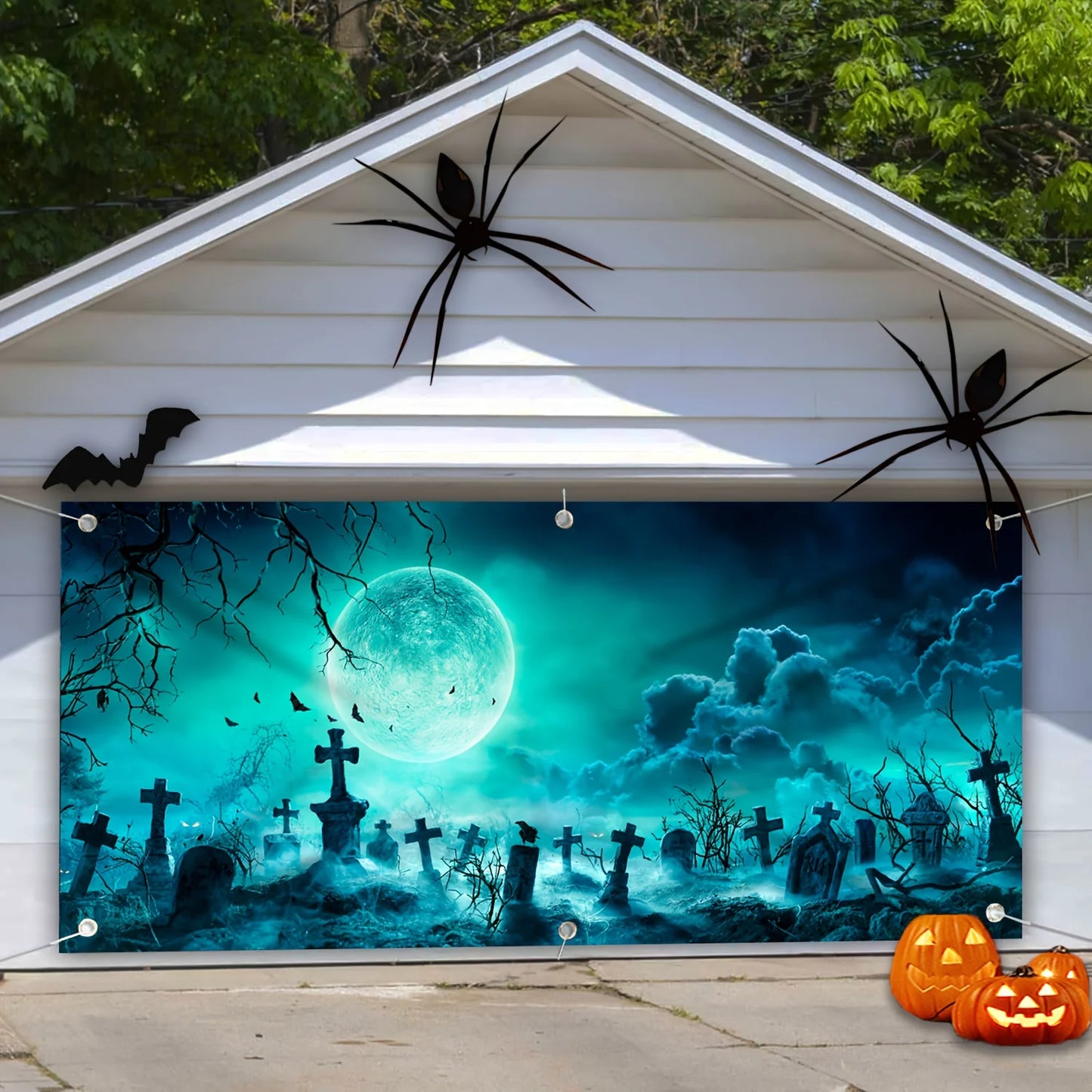 1 terrifying Halloween polyester garage door banner - Large outdoor cemetery scene, ghost-themed party background