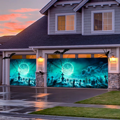 1 terrifying Halloween polyester garage door banner - Large outdoor cemetery scene, ghost-themed party background