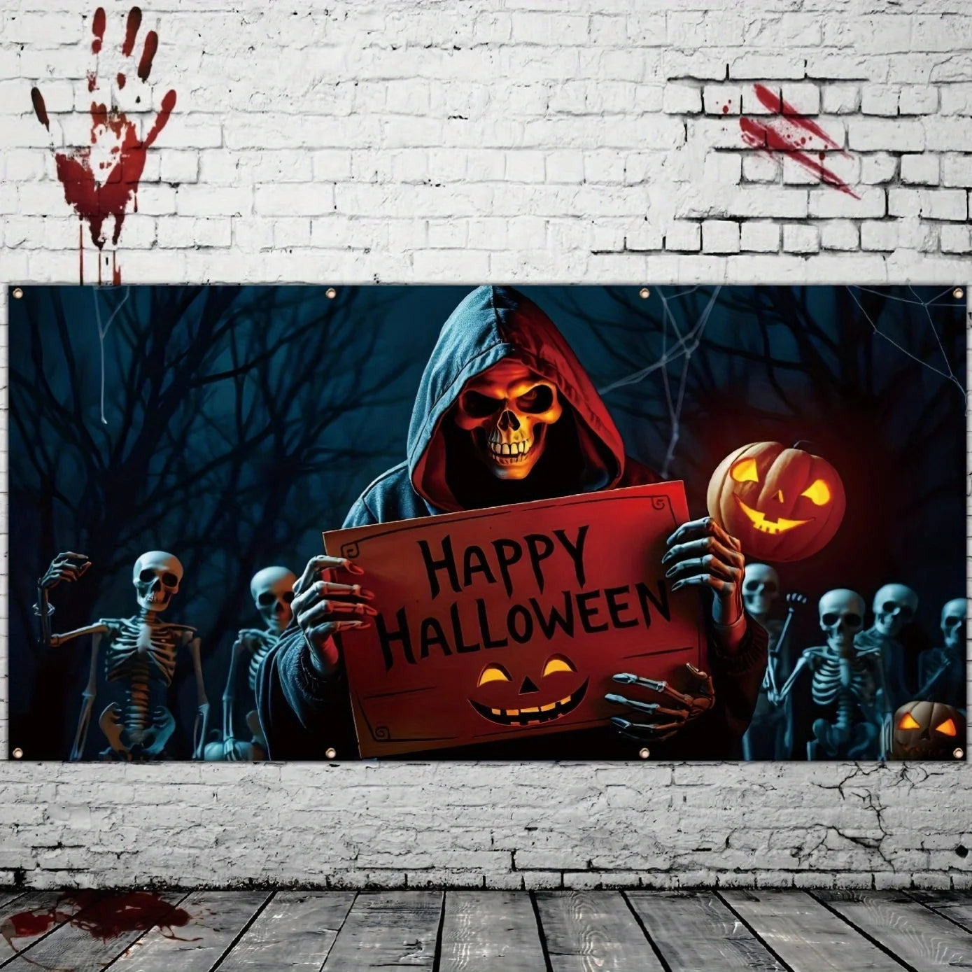 Halloween garage door banner Large outdoor decoration, with themes of Death and skull crew, polyester studio props