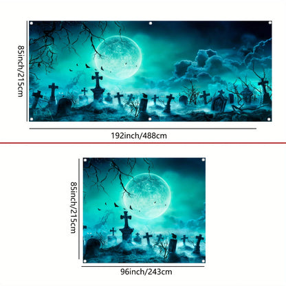 1 terrifying Halloween polyester garage door banner - Large outdoor cemetery scene, ghost-themed party background