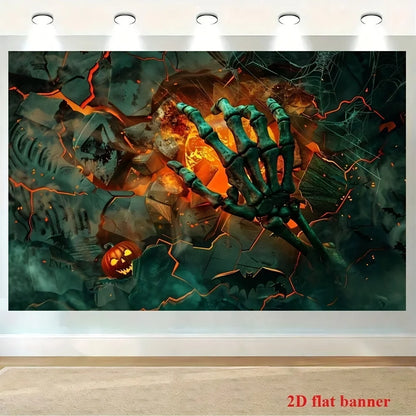 1 Halloween Background Cloth - Horror Flame Theme with Skull, Pumpkin Bat, and Spider Web Home Decor, Halloween Background Cloth