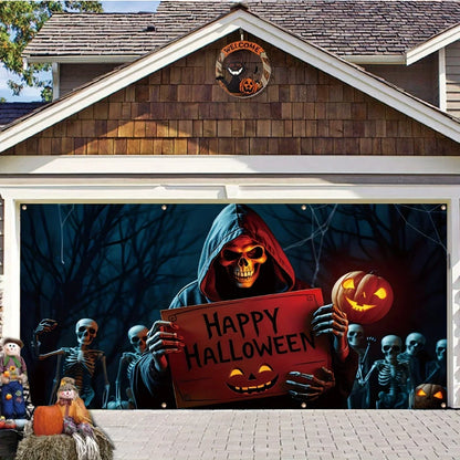 Halloween garage door banner Large outdoor decoration, with themes of Death and skull crew, polyester studio props