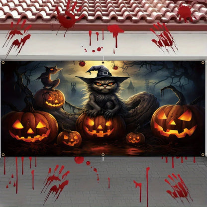 One 2D banner, a terrifying Halloween garage door decoration, a creepy ghost face pumpkin lantern with a black cat pattern