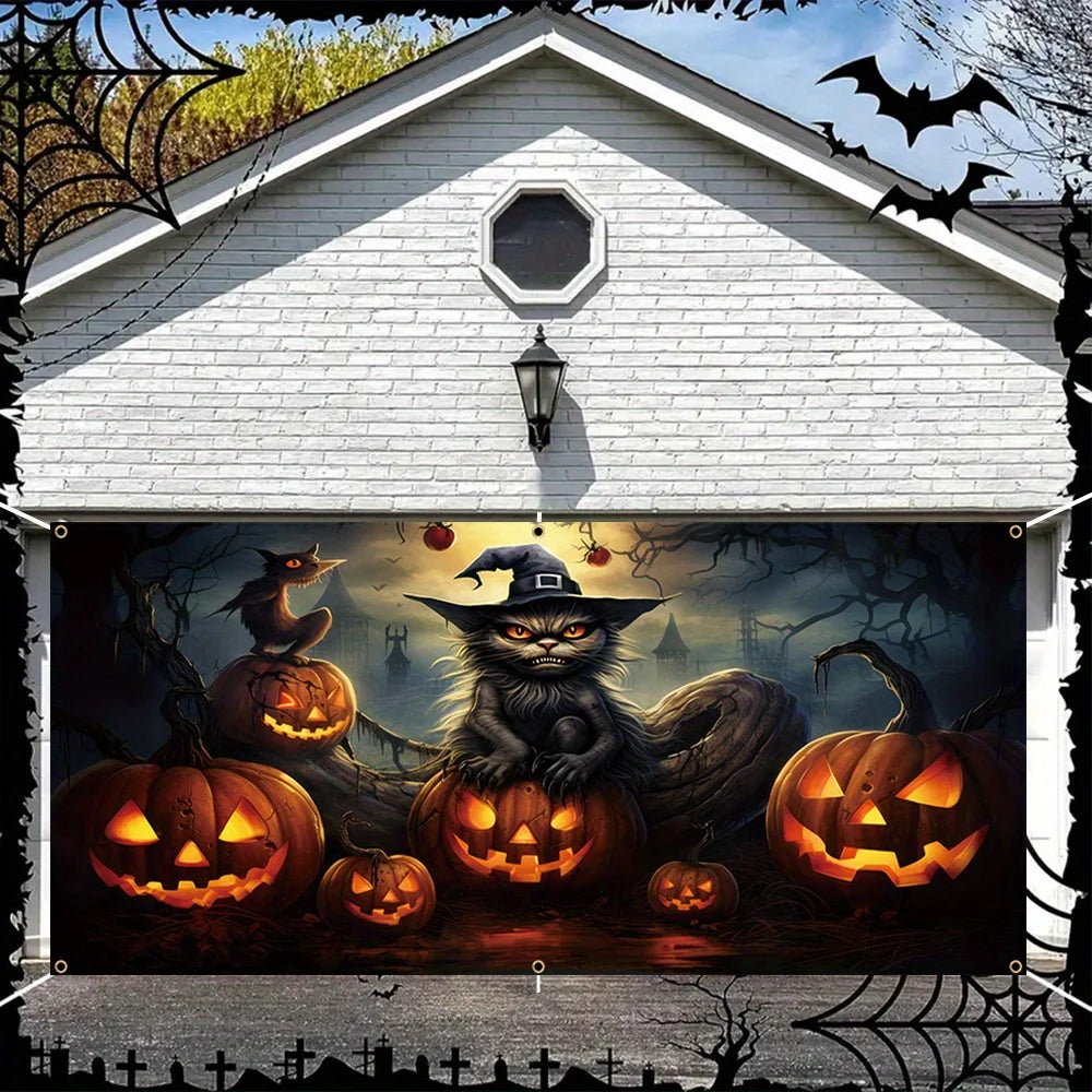 One 2D banner, a terrifying Halloween garage door decoration, a creepy ghost face pumpkin lantern with a black cat pattern