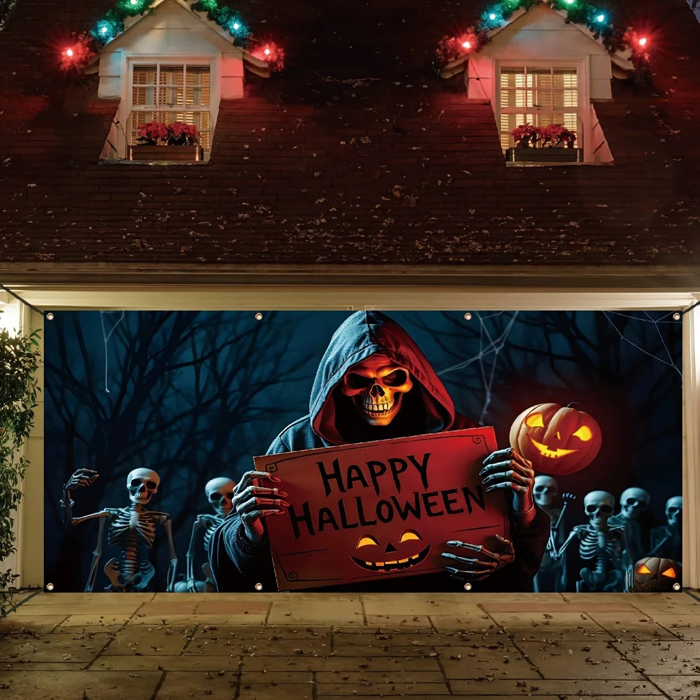 Halloween garage door banner Large outdoor decoration, with themes of Death and skull crew, polyester studio props
