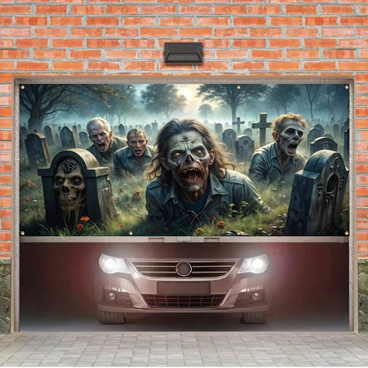 2D banner 1 piece, Halloween zombie graveyard garage door banner, anti-fade holiday house exterior decoration, party supplies