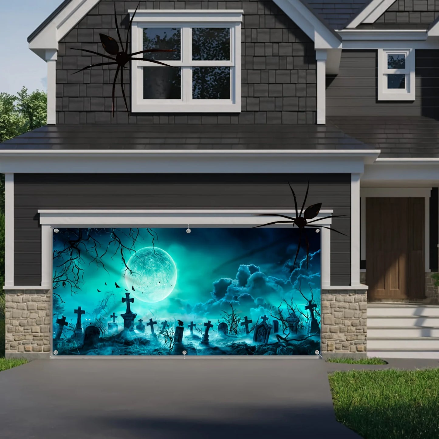 1 terrifying Halloween polyester garage door banner - Large outdoor cemetery scene, ghost-themed party background