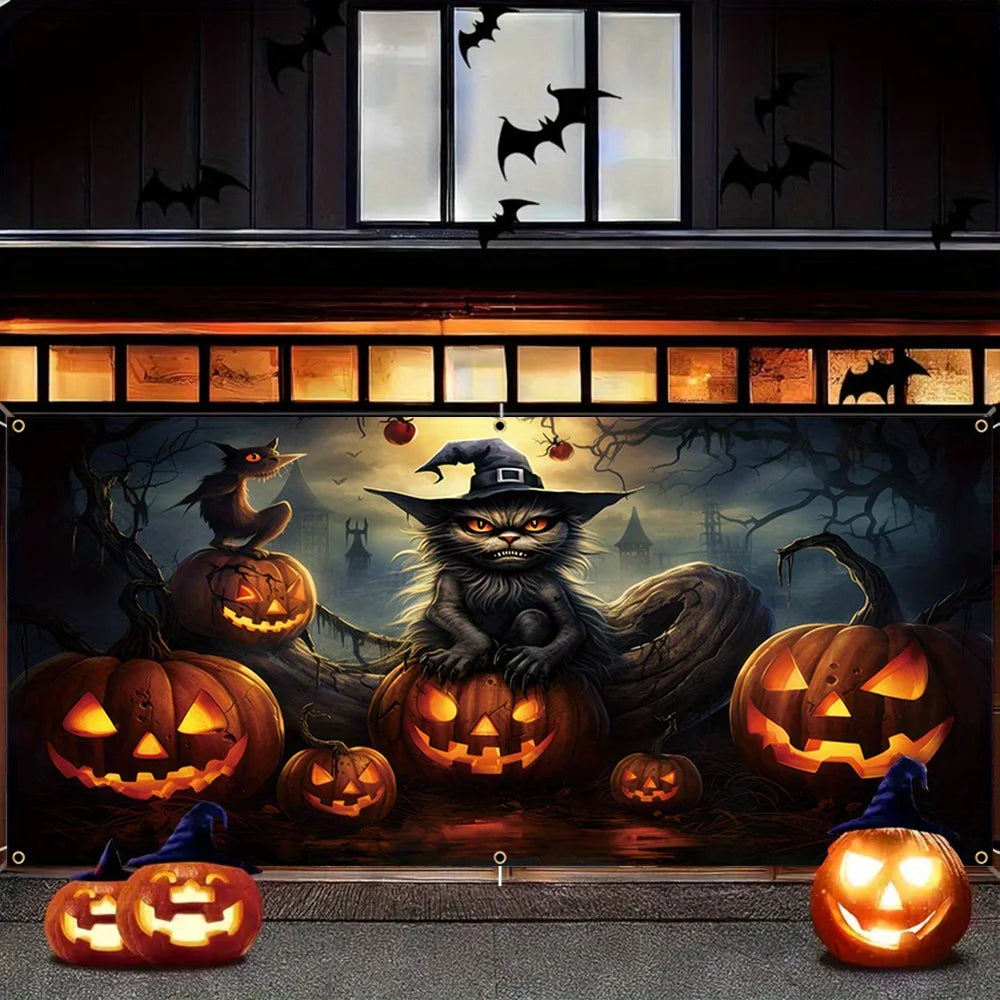 One 2D banner, a terrifying Halloween garage door decoration, a creepy ghost face pumpkin lantern with a black cat pattern
