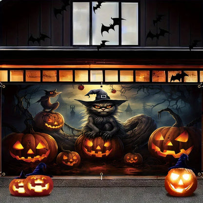 One 2D banner, a terrifying Halloween garage door decoration, a creepy ghost face pumpkin lantern with a black cat pattern
