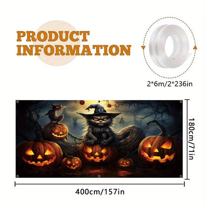 One 2D banner, a terrifying Halloween garage door decoration, a creepy ghost face pumpkin lantern with a black cat pattern
