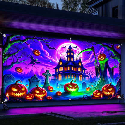 1 Halloween banner - Ghost house, pumpkin lantern and tombstone design, polyester garage door decoration