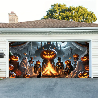 2D door banner 1 piece, Halloween ghost garage banner with pumpkin, skeleton and black cat design, haunted house theme