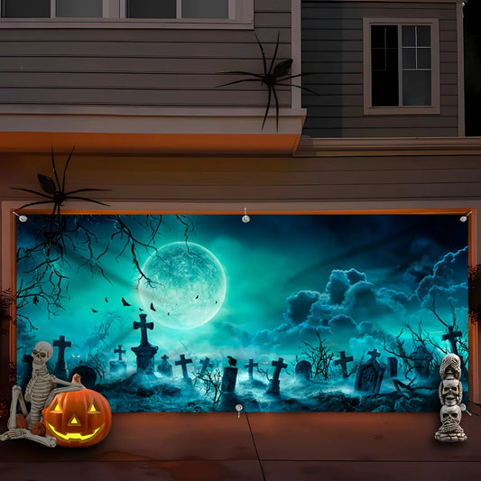 1 terrifying Halloween polyester garage door banner - Large outdoor cemetery scene, ghost-themed party background