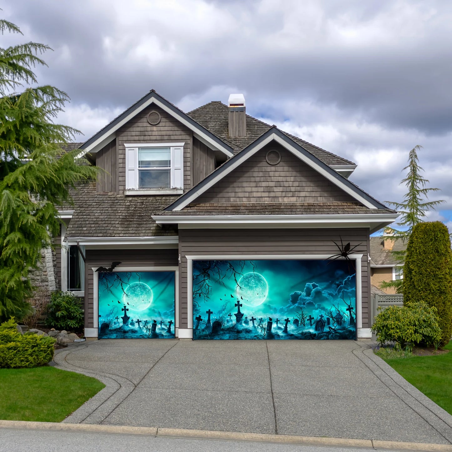 1 terrifying Halloween polyester garage door banner - Large outdoor cemetery scene, ghost-themed party background