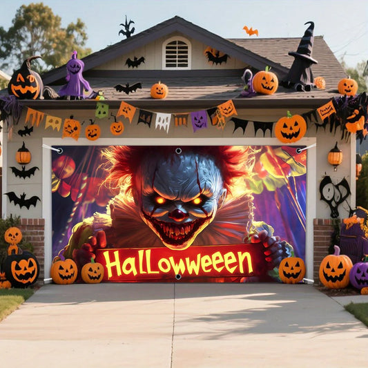 2D, 1pc printed garage curtain door curtain, terrifying clown, bloodthirsty mouth, sharp teeth, bloodstain decoration