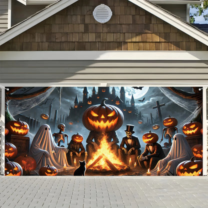 2D door banner 1 piece, Halloween ghost garage banner with pumpkin, skeleton and black cat design, haunted house theme