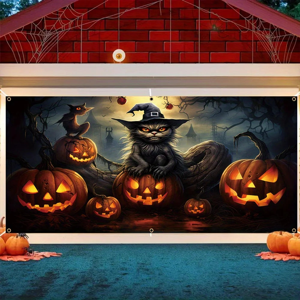 One 2D banner, a terrifying Halloween garage door decoration, a creepy ghost face pumpkin lantern with a black cat pattern